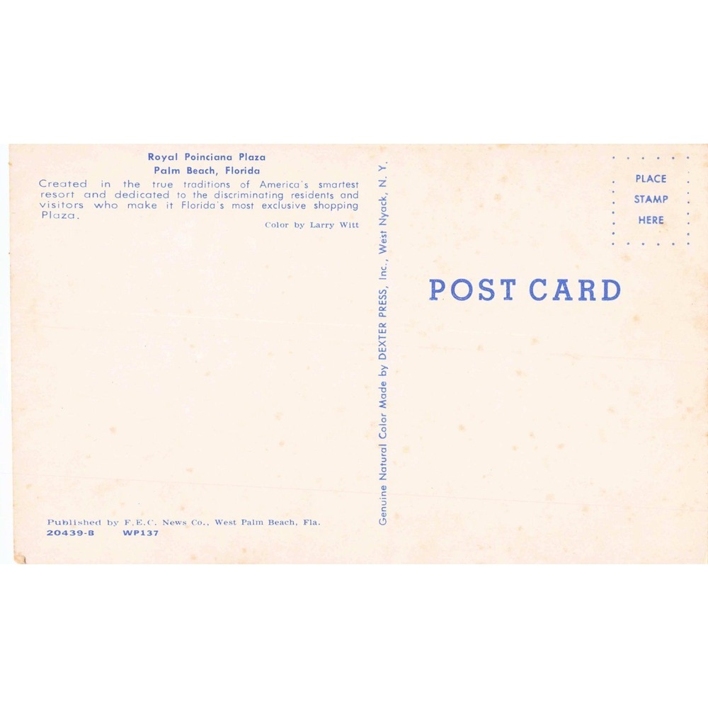 Palm Beach Florida FL Royal Poinciana Plaza Vintage Chrome Postcard Dexter Press - Picture 2 of 2